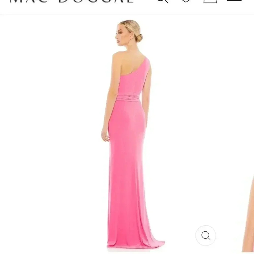 NWT Mac Duggal Jersey One Shoulder Belted Trumpet Gown Candy Pink size 6 - Picture 2 of 10